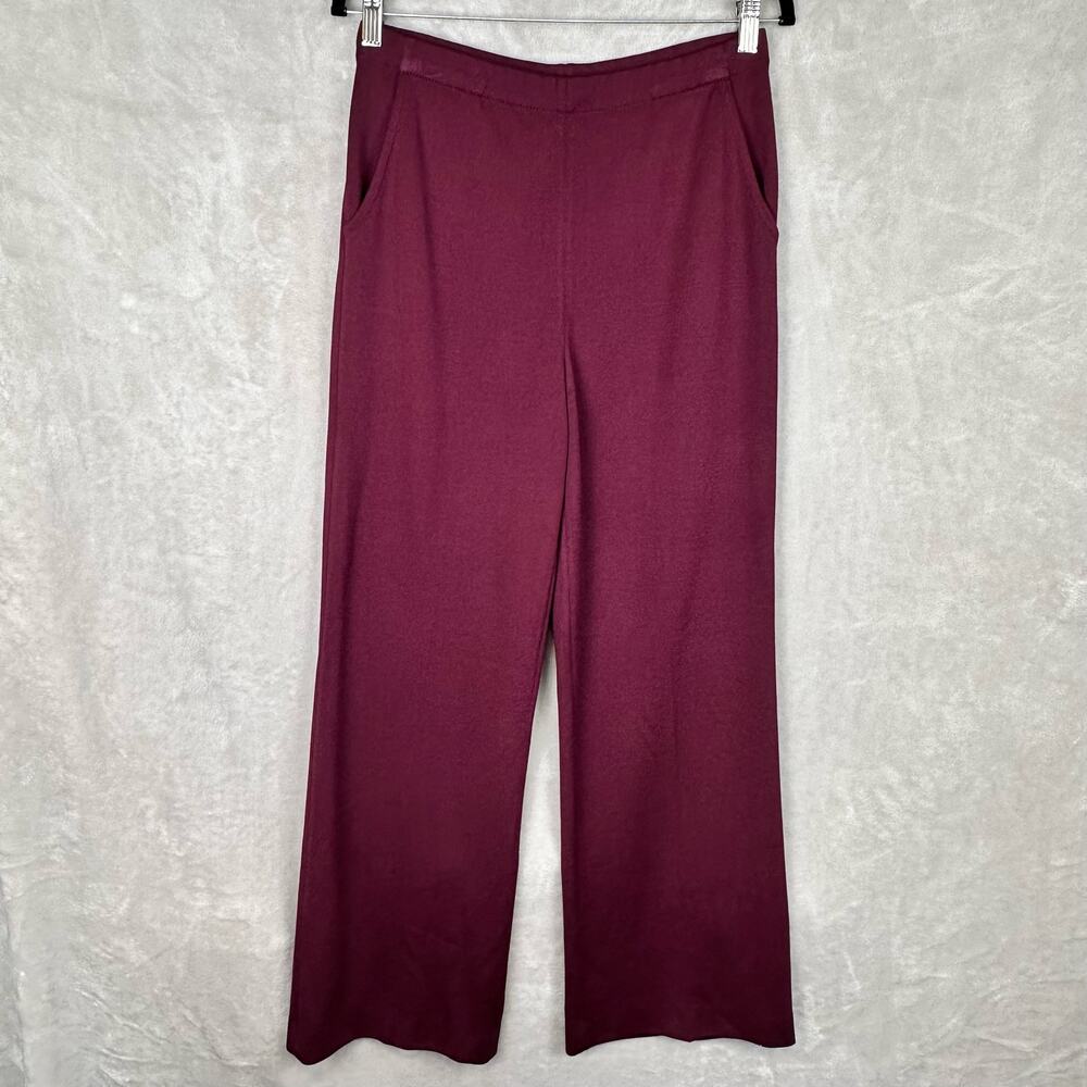 St John Pants Womens 8 Burgundy Flat Front Elastic Waist Pockets Wide Leg Career